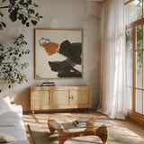 Copper Linked V by Chris Paschke. Shown in a natural wood frame in a cozy modern living room. Available as an archival giclee rolled canvas, fine art paper, or poster print. SKU 67344a.