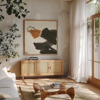 Copper Linked V by Chris Paschke. Shown in a natural wood frame in a cozy modern living room. Available as an archival giclee rolled canvas, fine art paper, or poster print. SKU 67344a.