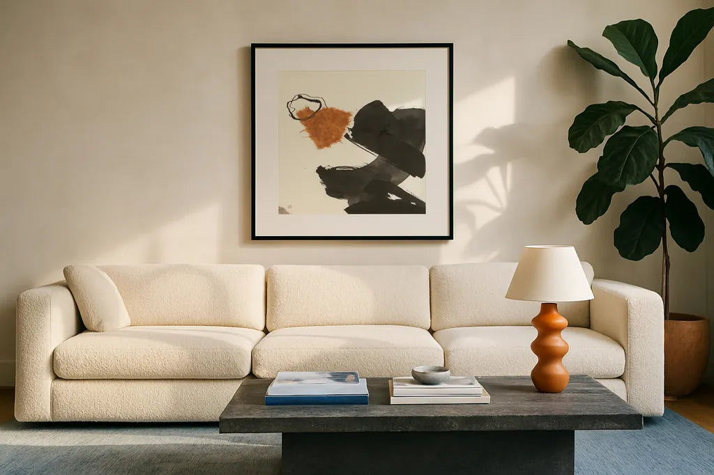 Copper Linked V by Chris Paschke. Displayed in a glass frame with matte in a clean modern living room. Available as an archival giclee rolled canvas, fine art paper, or poster print. SKU 67344a.