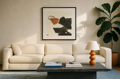 Copper Linked V by Chris Paschke. Displayed in a glass frame with matte in a clean modern living room. Available as an archival giclee rolled canvas, fine art paper, or poster print. SKU 67344a.