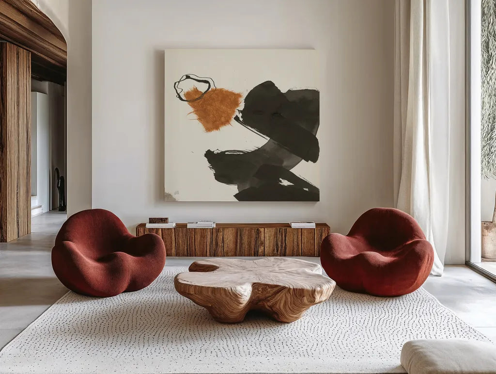 Copper Linked V by Chris Paschke. Shown as extra-large giant wall art in a modern living room. Available as an archival giclee rolled canvas, fine art paper, or poster print. SKU 67344a.