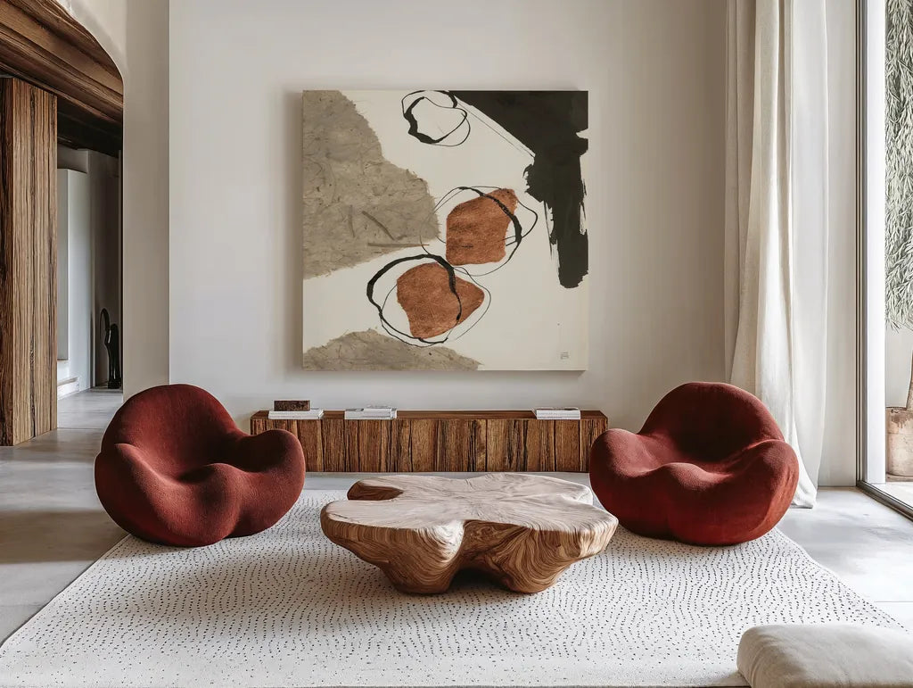 Copper Linked VI by Chris Paschke. Shown as extra-large giant wall art in a modern living room. Available as an archival giclee rolled canvas, fine art paper, or poster print. SKU 67345a.
