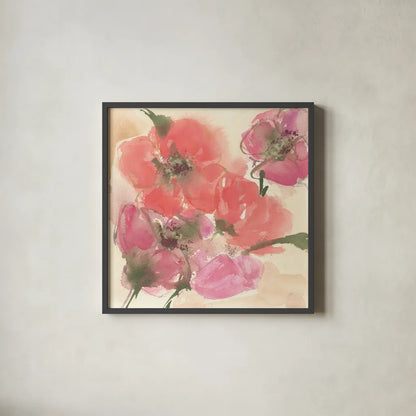 Coral Blooms I Dark Green by Chris Paschke. Shown in a sleek black glass frame for a contemporary gallery look. Available as an archival giclee rolled canvas, fine art paper, or poster print. SKU 51477a.