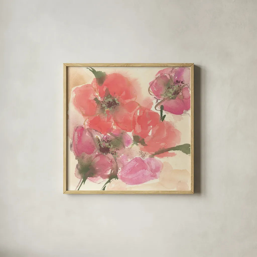 Coral Blooms I Dark Green by Chris Paschke. Shown in a natural wood glass frame for a timeless modern aesthetic. Available as an archival giclee rolled canvas, fine art paper, or poster print. SKU 51477a.
