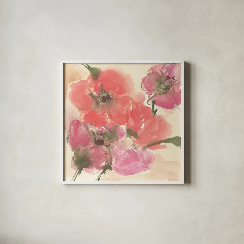 Coral Blooms I Dark Green by Chris Paschke. Shown in a crisp white glass frame for a clean and minimalist style. Available as an archival giclee rolled canvas, fine art paper, or poster print. SKU 51477a.