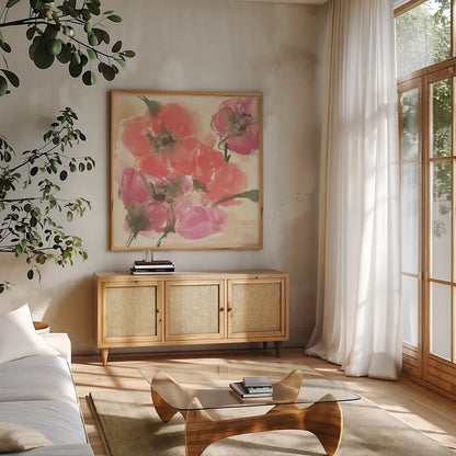 Coral Blooms I Dark Green by Chris Paschke. Shown in a natural wood frame in a cozy modern living room. Available as an archival giclee rolled canvas, fine art paper, or poster print. SKU 51477a.