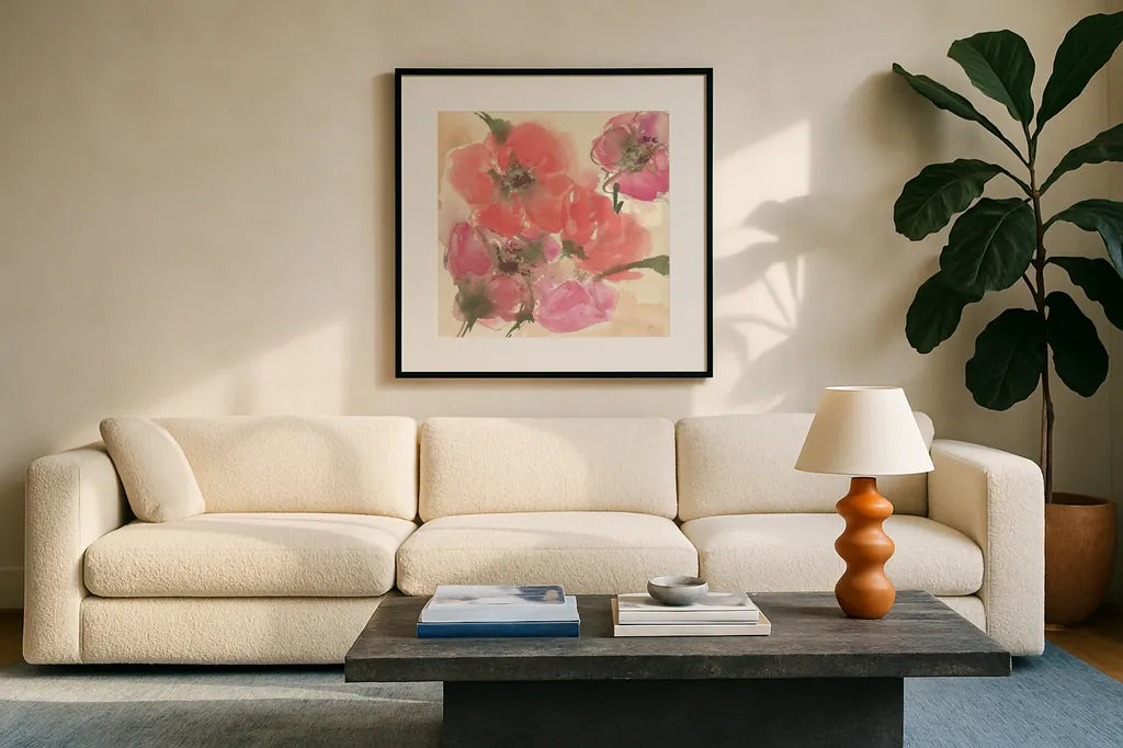 Coral Blooms I Dark Green by Chris Paschke. Displayed in a glass frame with matte in a clean modern living room. Available as an archival giclee rolled canvas, fine art paper, or poster print. SKU 51477a.