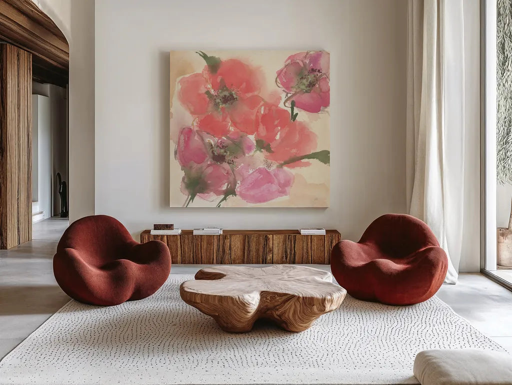Coral Blooms I Dark Green by Chris Paschke. Shown as extra-large giant wall art in a modern living room. Available as an archival giclee rolled canvas, fine art paper, or poster print. SKU 51477a.