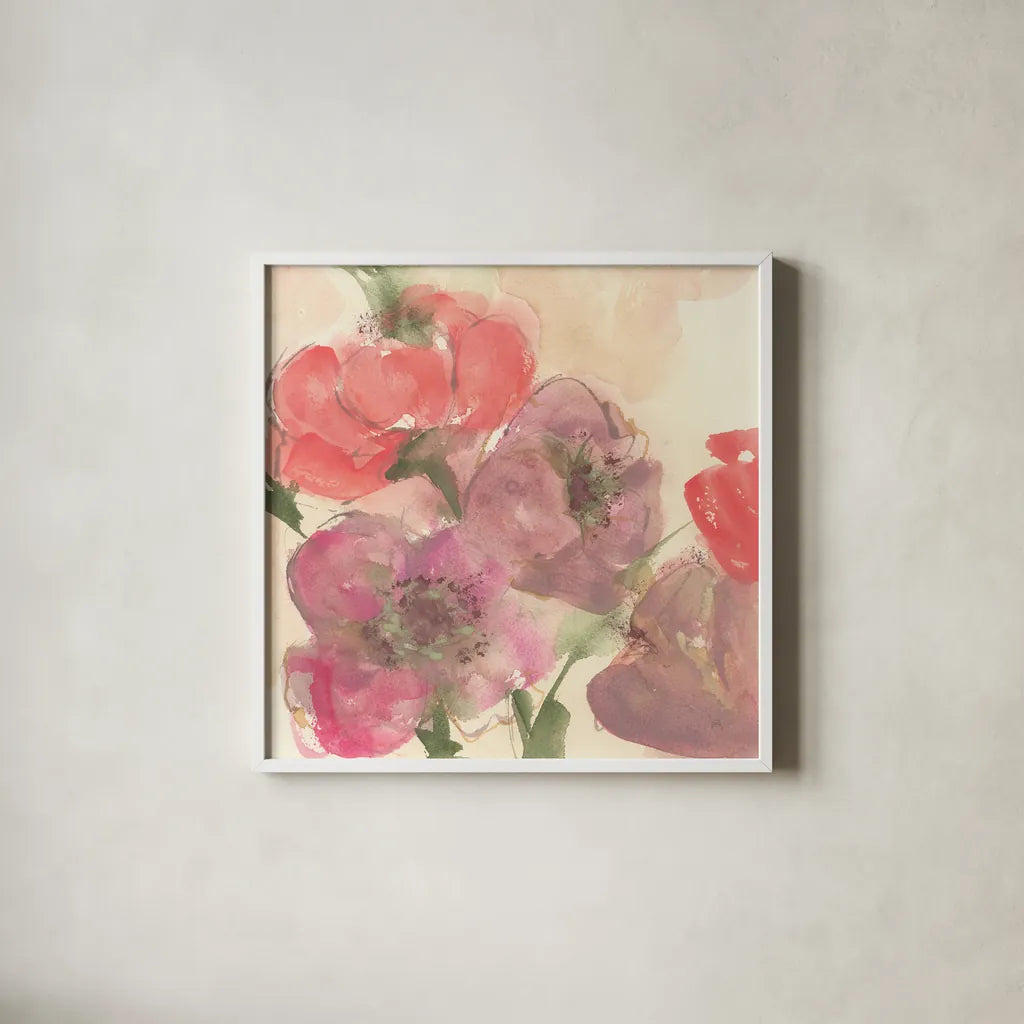 Coral Blooms II Dark Green by Chris Paschke. Shown in a crisp white glass frame for a clean and minimalist style. Available as an archival giclee rolled canvas, fine art paper, or poster print. SKU 51478a.