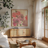 Coral Blooms II Dark Green by Chris Paschke. Shown in a natural wood frame in a cozy modern living room. Available as an archival giclee rolled canvas, fine art paper, or poster print. SKU 51478a.