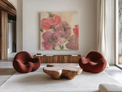 Coral Blooms II Dark Green by Chris Paschke. Shown as extra-large giant wall art in a modern living room. Available as an archival giclee rolled canvas, fine art paper, or poster print. SKU 51478a.