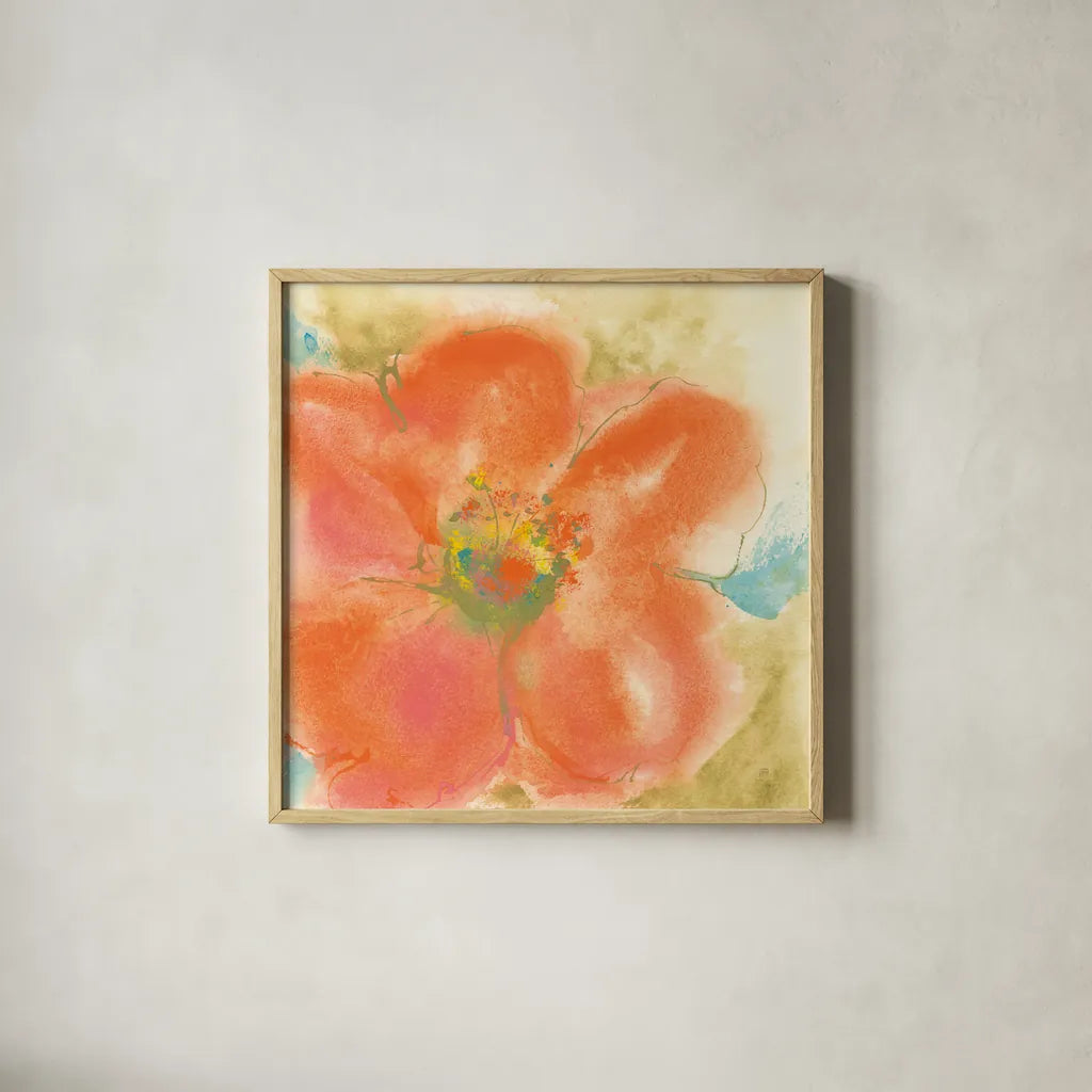 Coral Poppy II by Chris Paschke. Shown in a natural wood glass frame for a timeless modern aesthetic. Available as an archival giclee rolled canvas, fine art paper, or poster print. SKU 50158a.