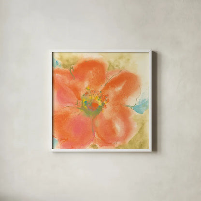 Coral Poppy II by Chris Paschke. Shown in a crisp white glass frame for a clean and minimalist style. Available as an archival giclee rolled canvas, fine art paper, or poster print. SKU 50158a.