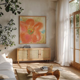 Coral Poppy II by Chris Paschke. Shown in a natural wood frame in a cozy modern living room. Available as an archival giclee rolled canvas, fine art paper, or poster print. SKU 50158a.