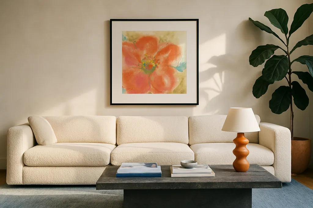 Coral Poppy II by Chris Paschke. Displayed in a glass frame with matte in a clean modern living room. Available as an archival giclee rolled canvas, fine art paper, or poster print. SKU 50158a.