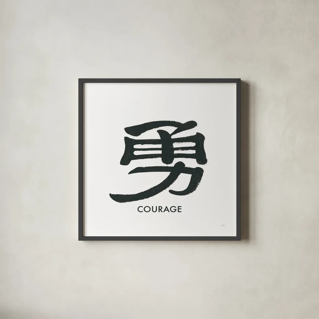 Courage Word by Chris Paschke. Shown in a sleek black glass frame for a contemporary gallery look. Available as an archival giclee rolled canvas, fine art paper, or poster print. SKU 65408a.