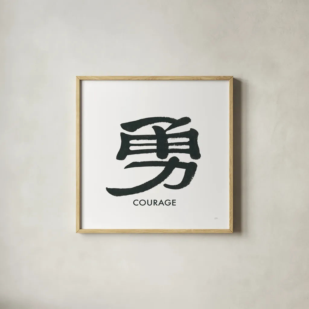 Courage Word by Chris Paschke. Shown in a natural wood glass frame for a timeless modern aesthetic. Available as an archival giclee rolled canvas, fine art paper, or poster print. SKU 65408a.