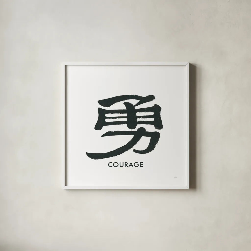 Courage Word by Chris Paschke. Shown in a crisp white glass frame for a clean and minimalist style. Available as an archival giclee rolled canvas, fine art paper, or poster print. SKU 65408a.