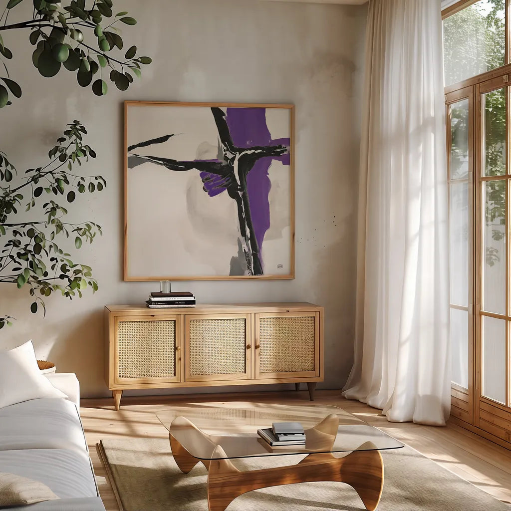 Creamy Amethyst II by Chris Paschke. Shown in a natural wood frame in a cozy modern living room. Available as an archival giclee rolled canvas, fine art paper, or poster print. SKU 32038a.