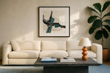 Creamy Cerulean I by Chris Paschke. Displayed in a glass frame with matte in a clean modern living room. Available as an archival giclee rolled canvas, fine art paper, or poster print. SKU 32035a.