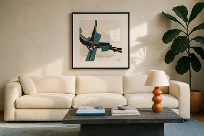 Creamy Cerulean I by Chris Paschke. Displayed in a glass frame with matte in a clean modern living room. Available as an archival giclee rolled canvas, fine art paper, or poster print. SKU 32035a.