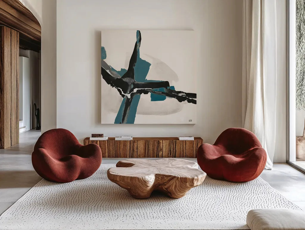 Creamy Cerulean I by Chris Paschke. Shown as extra-large giant wall art in a modern living room. Available as an archival giclee rolled canvas, fine art paper, or poster print. SKU 32035a.