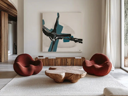 Creamy Cerulean I by Chris Paschke. Shown as extra-large giant wall art in a modern living room. Available as an archival giclee rolled canvas, fine art paper, or poster print. SKU 32035a.