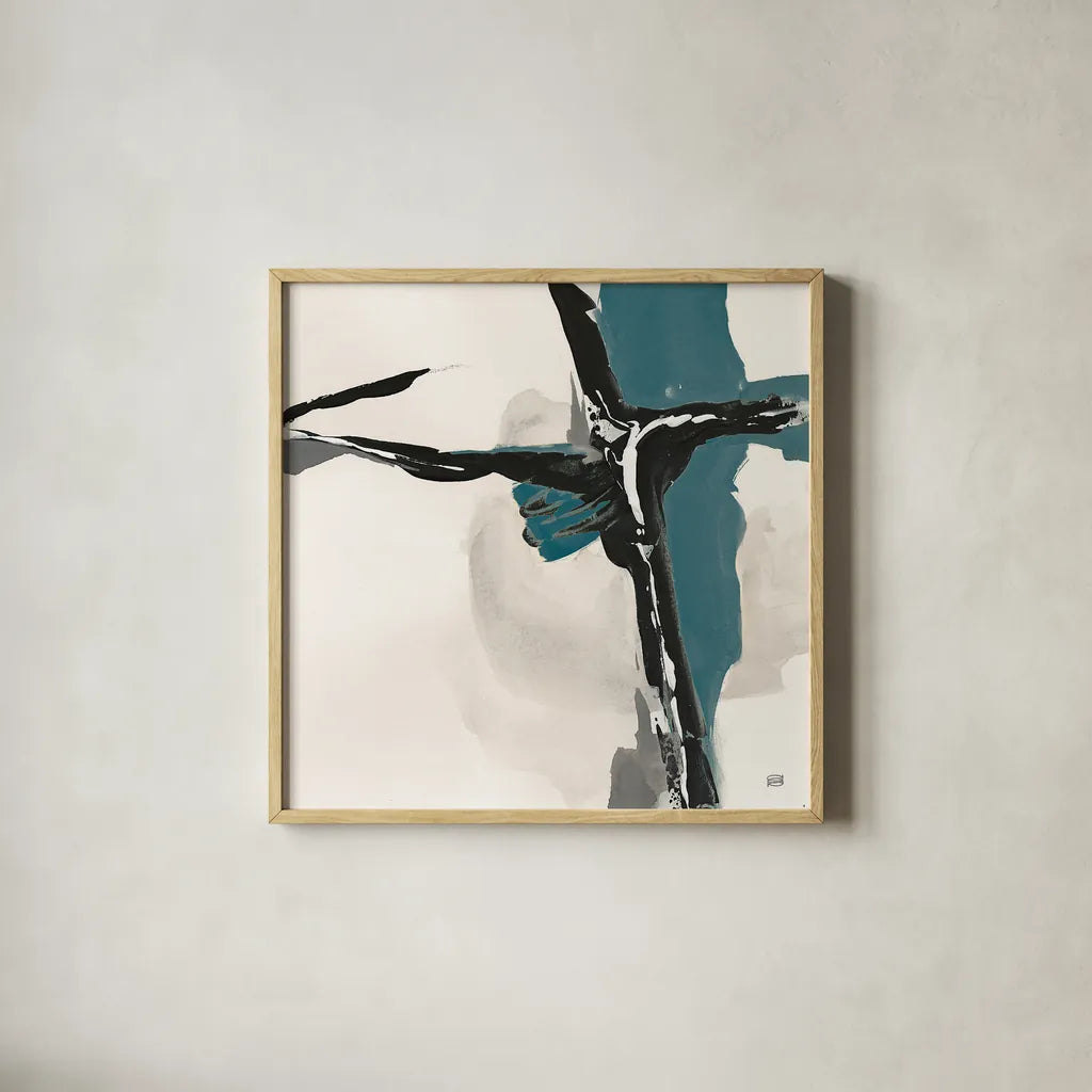 Creamy Cerulean II by Chris Paschke. Shown in a natural wood glass frame for a timeless modern aesthetic. Available as an archival giclee rolled canvas, fine art paper, or poster print. SKU 32036a.