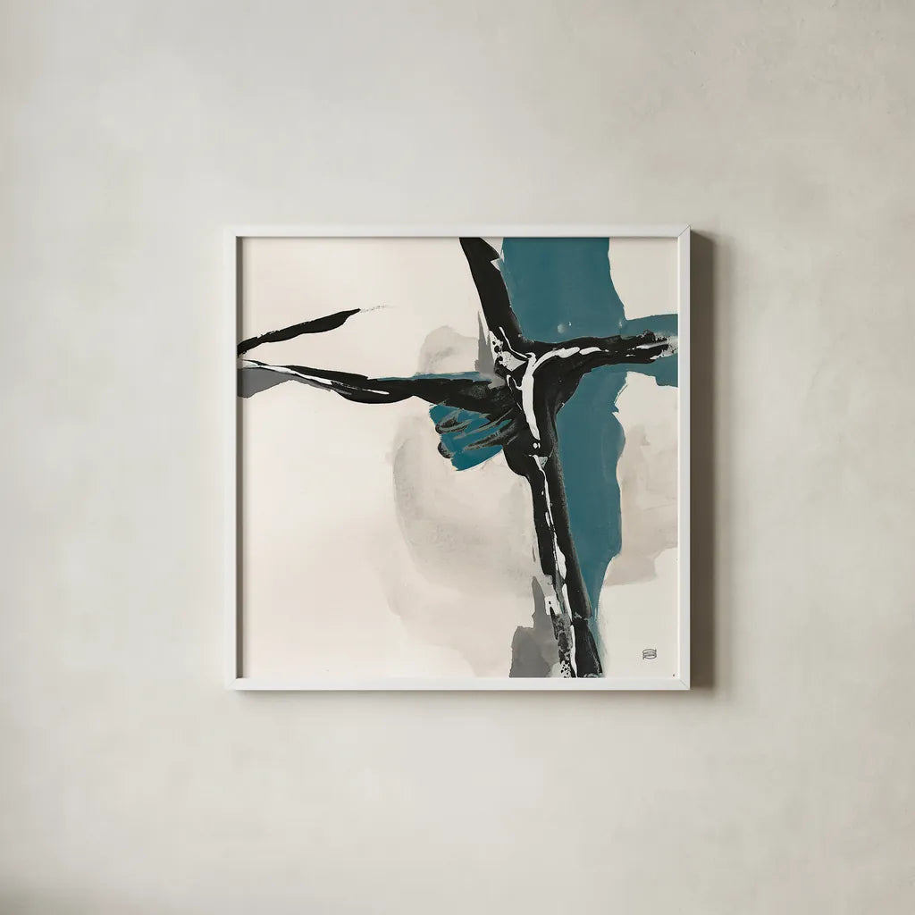 Creamy Cerulean II by Chris Paschke. Shown in a crisp white glass frame for a clean and minimalist style. Available as an archival giclee rolled canvas, fine art paper, or poster print. SKU 32036a.