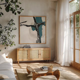 Creamy Cerulean II by Chris Paschke. Shown in a natural wood frame in a cozy modern living room. Available as an archival giclee rolled canvas, fine art paper, or poster print. SKU 32036a.