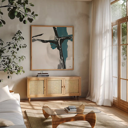 Creamy Cerulean II by Chris Paschke. Shown in a natural wood frame in a cozy modern living room. Available as an archival giclee rolled canvas, fine art paper, or poster print. SKU 32036a.