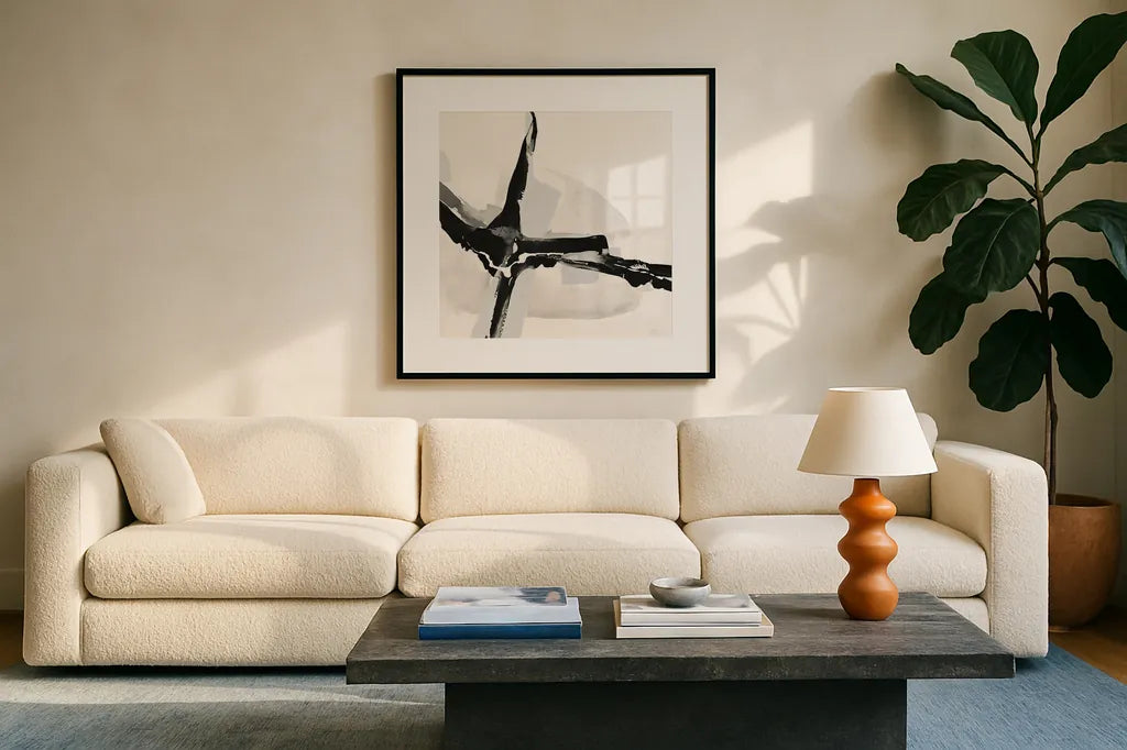 Creamy Neutral I by Chris Paschke. Displayed in a glass frame with matte in a clean modern living room. Available as an archival giclee rolled canvas, fine art paper, or poster print. SKU 27922a.