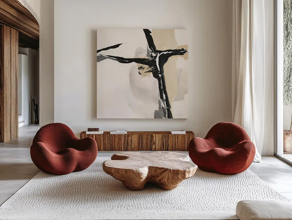 Creamy Tan II by Chris Paschke. Shown as extra-large giant wall art in a modern living room. Available as an archival giclee rolled canvas, fine art paper, or poster print. SKU 27927a.