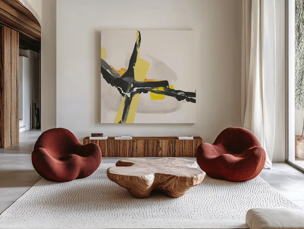 Creamy Yellow I by Chris Paschke. Shown as extra-large giant wall art in a modern living room. Available as an archival giclee rolled canvas, fine art paper, or poster print. SKU 26812a.