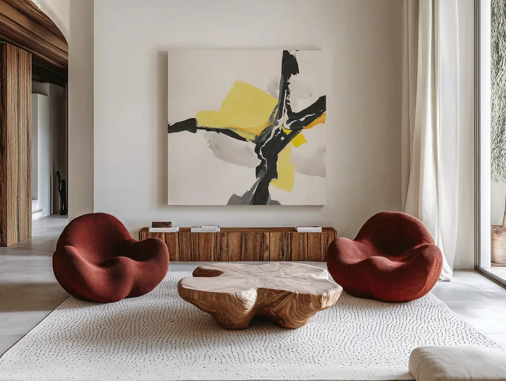 Creamy Yellow III by Chris Paschke. Shown as extra-large giant wall art in a modern living room. Available as an archival giclee rolled canvas, fine art paper, or poster print. SKU 26814a.