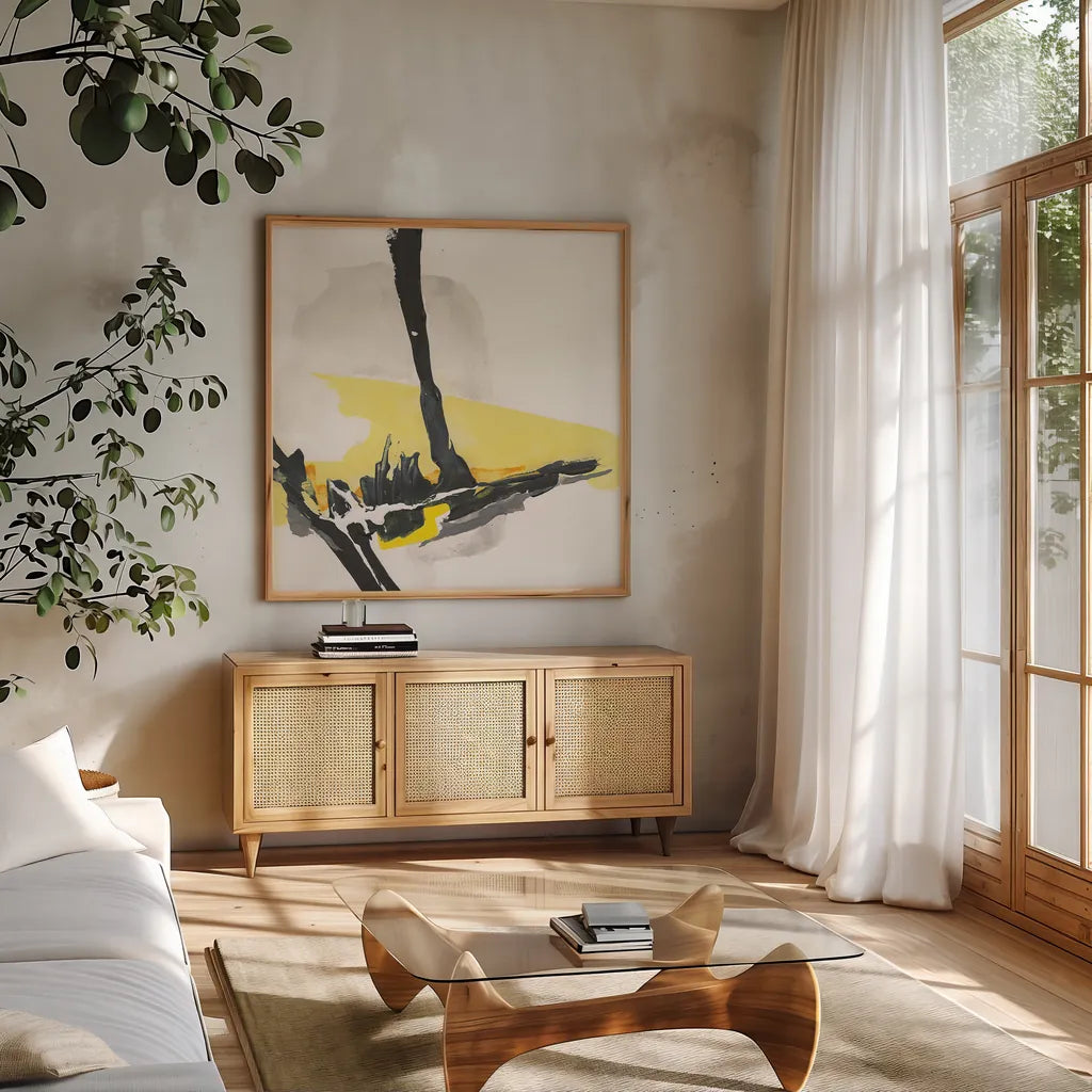 Creamy Yellow IV by Chris Paschke. Shown in a natural wood frame in a cozy modern living room. Available as an archival giclee rolled canvas, fine art paper, or poster print. SKU 26815a.