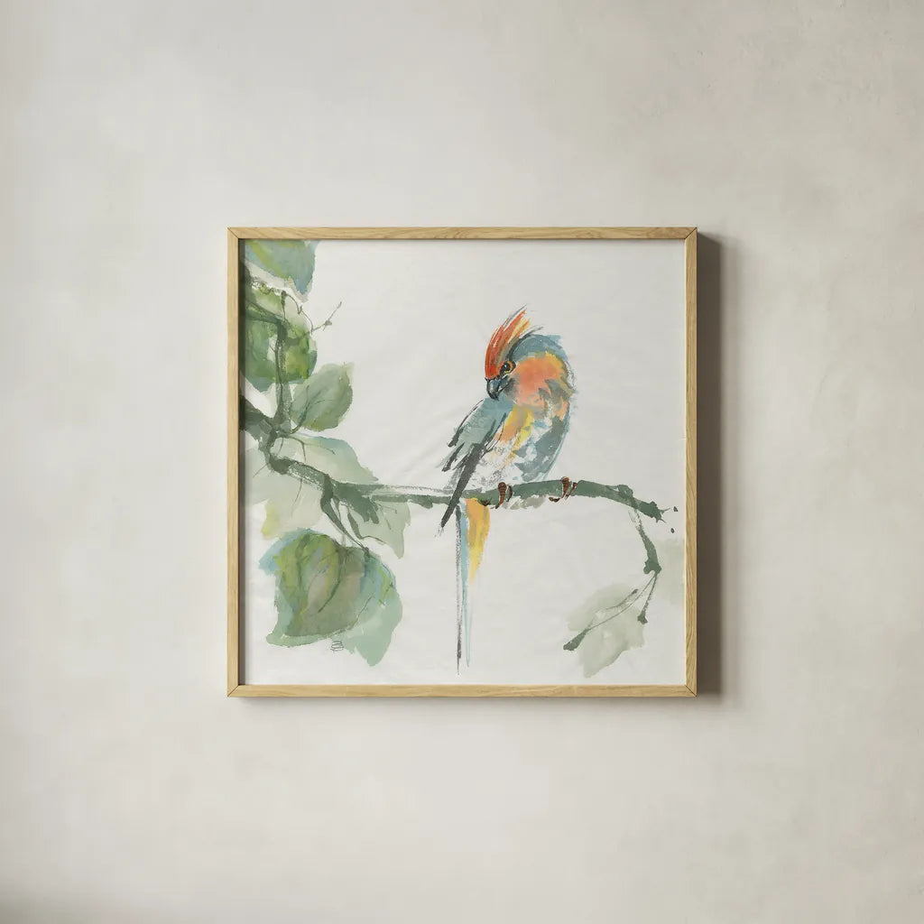 Crested Cockatoo by Chris Paschke. Shown in a natural wood glass frame for a timeless modern aesthetic. Available as an archival giclee rolled canvas, fine art paper, or poster print. SKU 23937a.