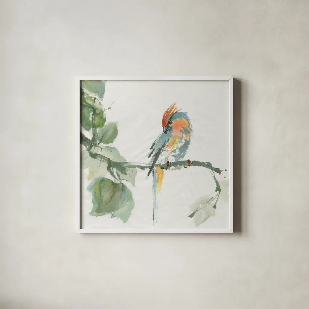 Crested Cockatoo by Chris Paschke. Shown in a crisp white glass frame for a clean and minimalist style. Available as an archival giclee rolled canvas, fine art paper, or poster print. SKU 23937a.