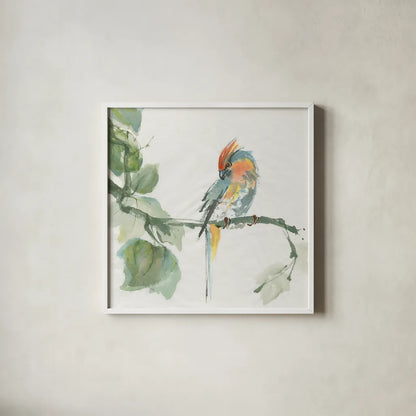 Crested Cockatoo by Chris Paschke. Shown in a crisp white glass frame for a clean and minimalist style. Available as an archival giclee rolled canvas, fine art paper, or poster print. SKU 23937a.