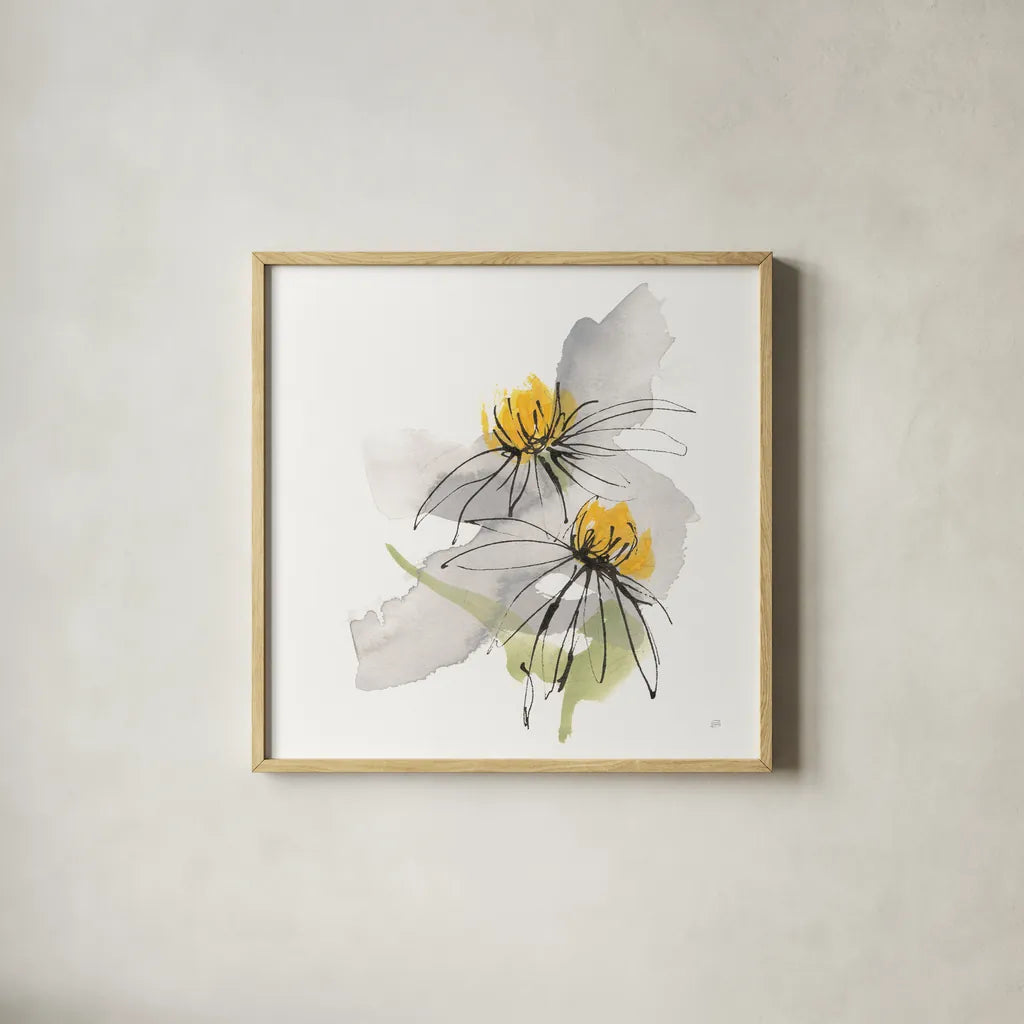 Crosby Cone Flower IV by Chris Paschke. Shown in a natural wood glass frame for a timeless modern aesthetic. Available as an archival giclee rolled canvas, fine art paper, or poster print. SKU 88089a.