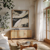 Crosby I Bright Cream by Chris Paschke. Shown in a natural wood frame in a cozy modern living room. Available as an archival giclee rolled canvas, fine art paper, or poster print. SKU 84979a.