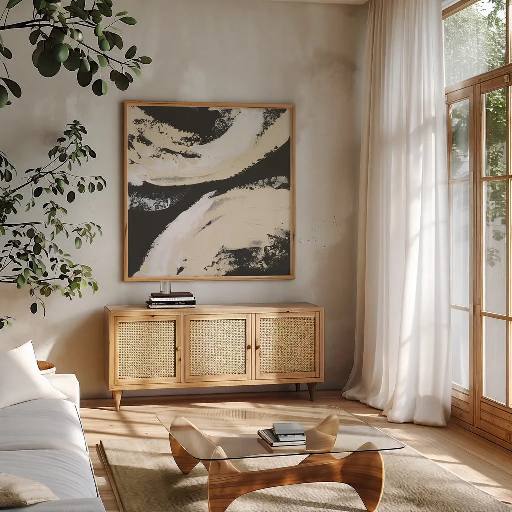 Crosby I Bright Cream by Chris Paschke. Shown in a natural wood frame in a cozy modern living room. Available as an archival giclee rolled canvas, fine art paper, or poster print. SKU 84979a.