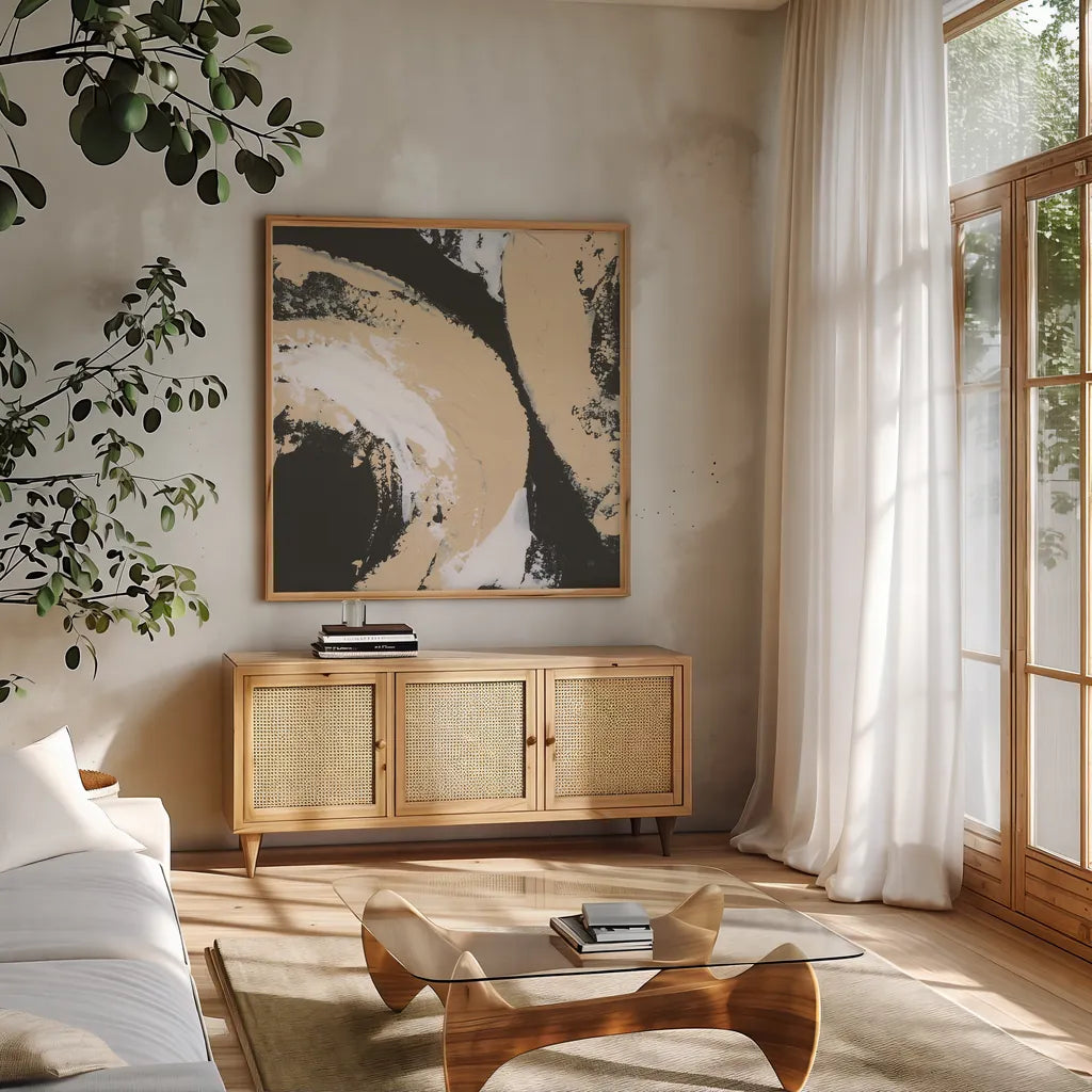 Crosby II by Chris Paschke. Shown in a natural wood frame in a cozy modern living room. Available as an archival giclee rolled canvas, fine art paper, or poster print. SKU 83770a.