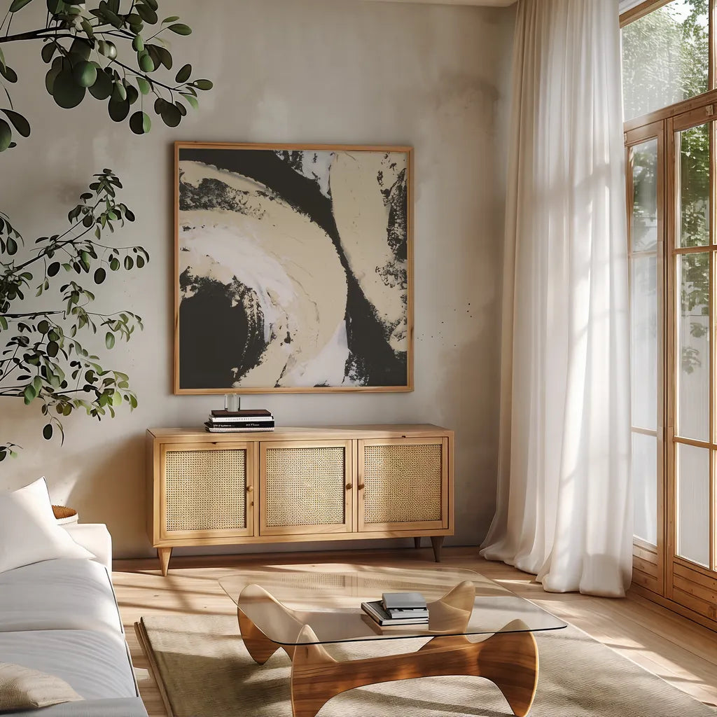 Crosby II Bright Cream by Chris Paschke. Shown in a natural wood frame in a cozy modern living room. Available as an archival giclee rolled canvas, fine art paper, or poster print. SKU 84980a.