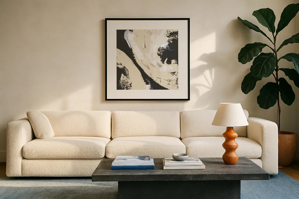 Crosby III Bright Cream by Chris Paschke. Displayed in a glass frame with matte in a clean modern living room. Available as an archival giclee rolled canvas, fine art paper, or poster print. SKU 84981a.