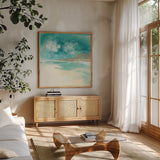 Cumulus Emerald I by Chris Paschke. Shown in a natural wood frame in a cozy modern living room. Available as an archival giclee rolled canvas, fine art paper, or poster print. SKU 75660a.