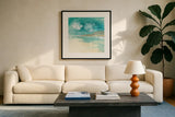 Cumulus Emerald I by Chris Paschke. Displayed in a glass frame with matte in a clean modern living room. Available as an archival giclee rolled canvas, fine art paper, or poster print. SKU 75660a.