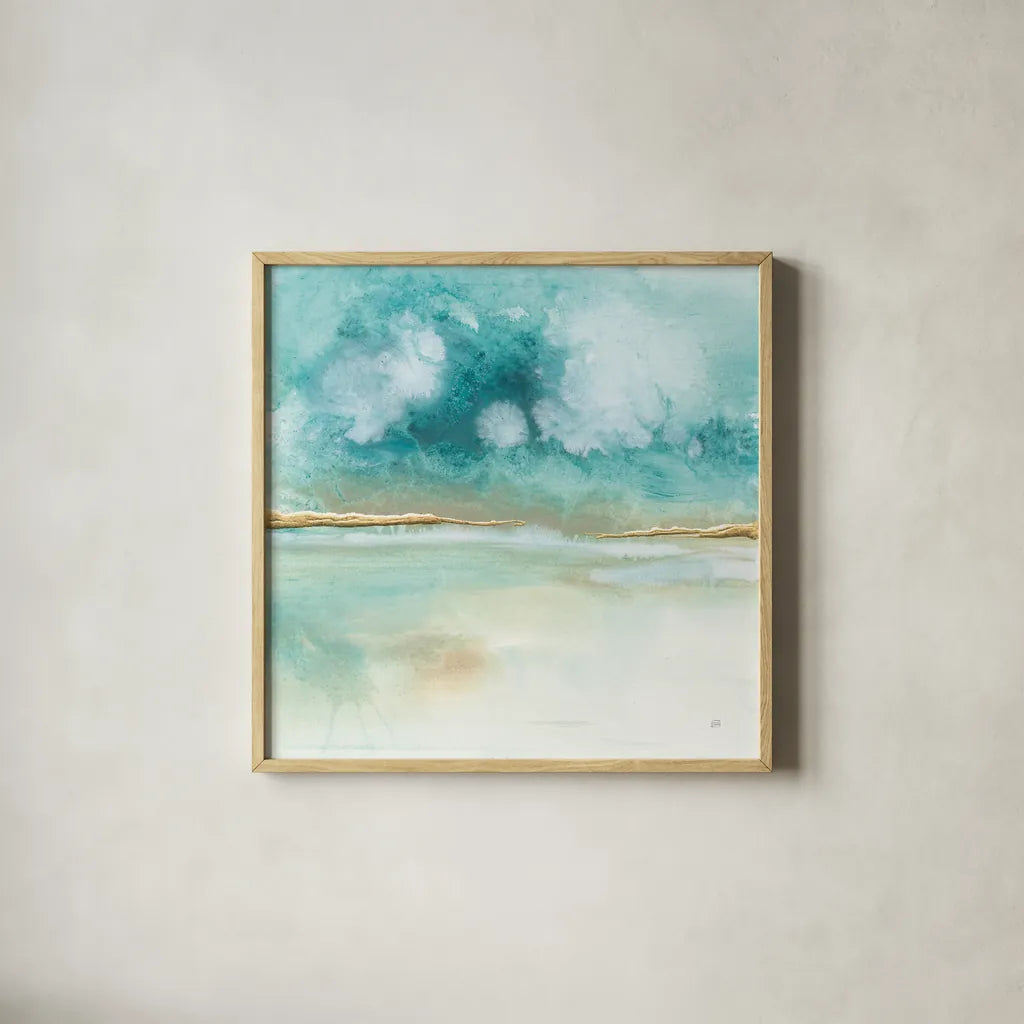 Cumulus Emerald II by Chris Paschke. Shown in a natural wood glass frame for a timeless modern aesthetic. Available as an archival giclee rolled canvas, fine art paper, or poster print. SKU 75661a.