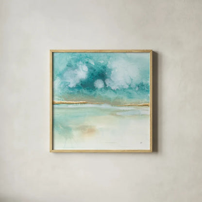 Cumulus Emerald II by Chris Paschke. Shown in a natural wood glass frame for a timeless modern aesthetic. Available as an archival giclee rolled canvas, fine art paper, or poster print. SKU 75661a.