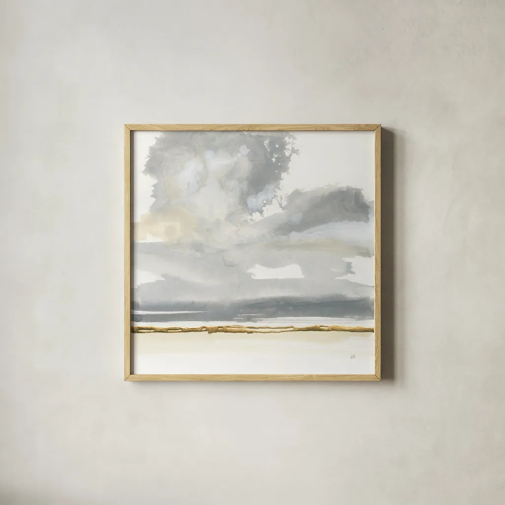 Cumulus Gray II by Chris Paschke. Shown in a natural wood glass frame for a timeless modern aesthetic. Available as an archival giclee rolled canvas, fine art paper, or poster print. SKU 75448a.